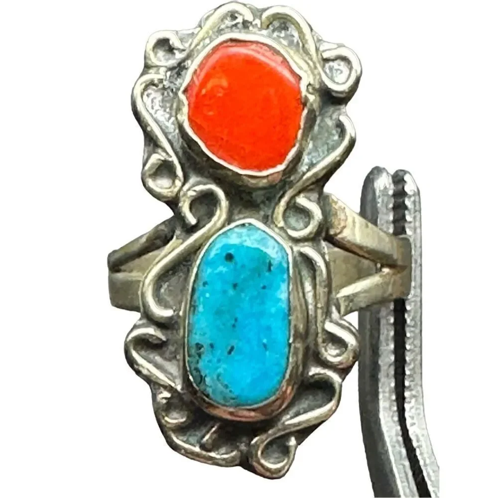 Navajo Sterling silver turquoise coral ring vintage size 7 3/4